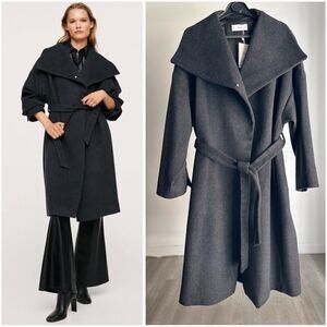Mango Wool Blend Belted Oversized Coat New